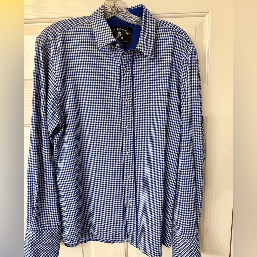 Rock Roll N Soul Shirt Check Plad Button Long Sleeve Blue White L Large